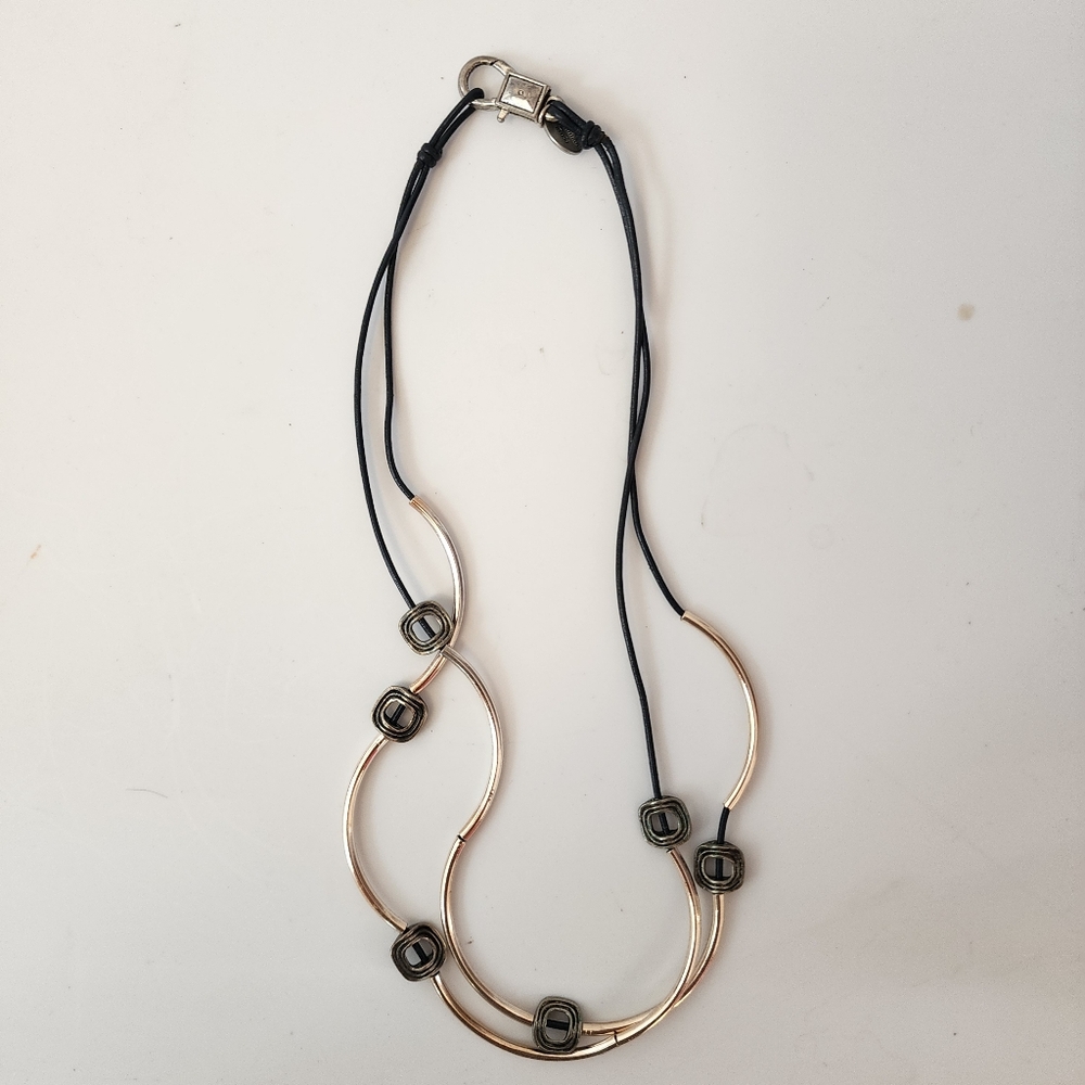 Lizzy James Handmade Necklace Mixed Metal Tones Tubercular & Brown Leather Cord